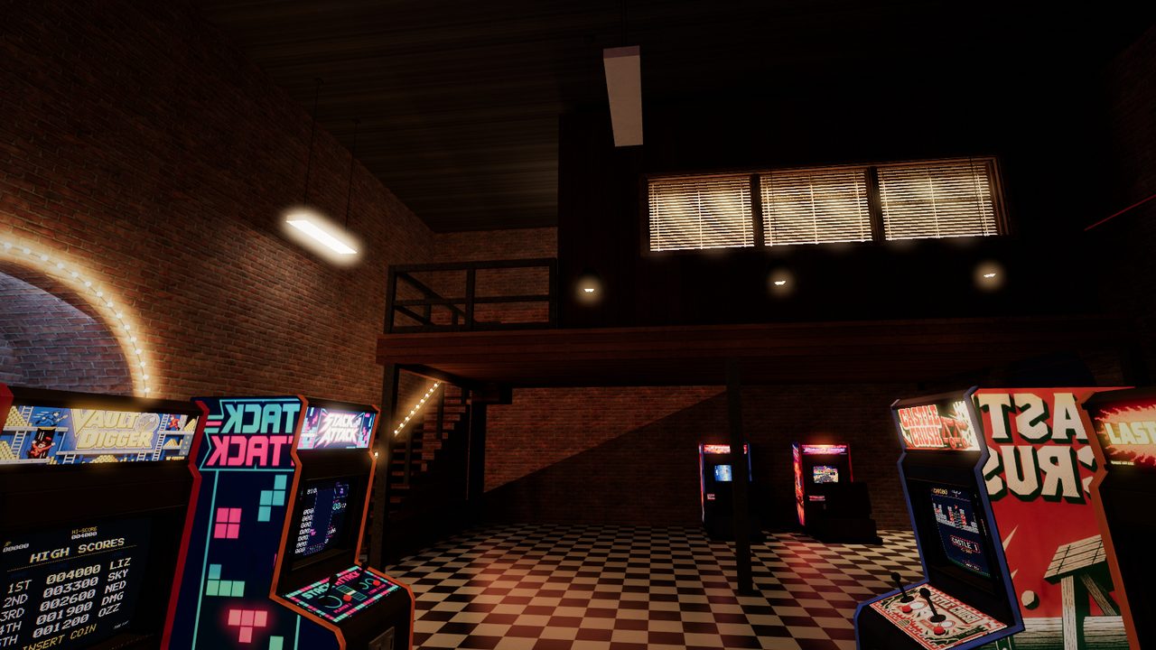 The arcade floor: cabinets on a checkered floor under a lit office window